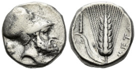 Lucania, Metapontum Nomos circa 340-330, AR 19.00 mm., 7.85 g.
Head of Leucippus r., wearing Corinthian helmet; to l., lion head r. Rev. META Barley ...