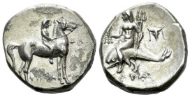 Calabria, Tarentum Nomos circa 272-240, AR 20.00 mm., 6.48 g.
Nude youth riding horse l., crowning the horse's head; in r. field, ΣΥ and below, ΛYKI/...