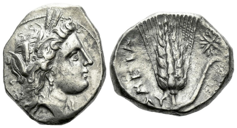 Lucania, Metapontum Nomos circa 330-290, AR 21.00 mm., 7.58 g.
Head of Demeter ...