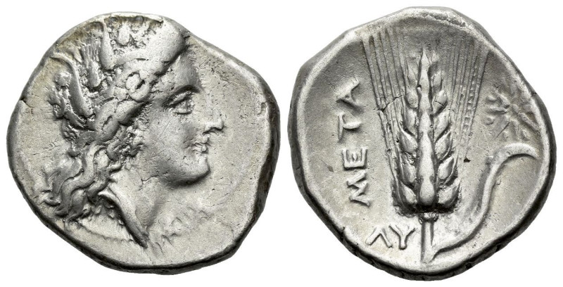 Lucania, Metapontum Nomos circa 330-290, AR 21.00 mm., 7.81 g.
Wreathed head of...