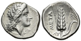 Lucania, Metapontum Nomos circa 330-290, AR 21.00 mm., 7.81 g.
Wreathed head of Demeter r.; EY below chin. Rev. Barley ear of seven grains with leaf ...