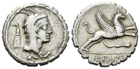 L. Papius Serrate denarius 79, AR 18.00 mm., 3.93 g.
Head of Juno Sospita r., wearing goat's skin; control symbol behind. Rev. Griffin springing to r...