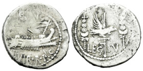 M. Antonius Denarius 32-31, AR 19.00 mm., 3.67 g.
ANT AVG – III·VIR·R·P·C Galley r., with sceptre tied with fillet on prow. Rev. LEG – IV Aquila betw...