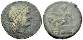 Apulia, Venusia Bronze Third reduced standard circa 210-200, Æ 34.00 mm., 23.84 g.
Head of Bacchus r., wreathed with ivy; behind, VE (ligate). Rev. B...