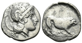 Lucania, Velia Didrachm circa 340-334, AR 21.00 mm., 6.89 g.
Head of Athena r., wearing crested Attic helmet adorned with a griffin. Rev. Lion walkin...