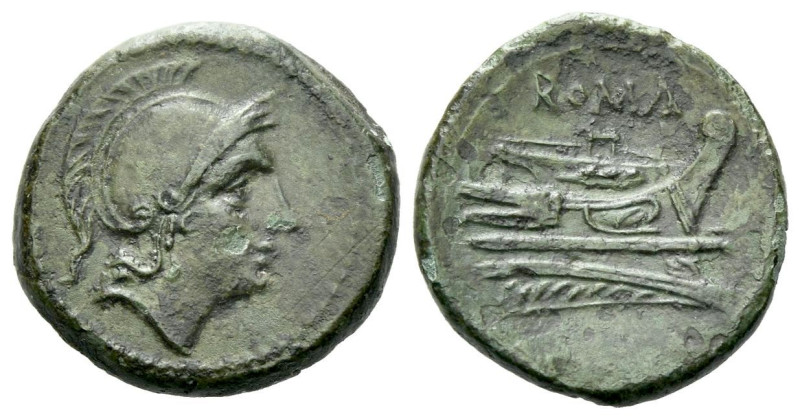 Quartuncia circa 217-215, Æ 16.00 mm., 2.60 g.
Helmeted head of Roma r. Rev. RO...