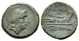 Quartuncia circa 217-215, Æ 16.00 mm., 2.60 g.
Helmeted head of Roma r. Rev. ROMA Prow r. Sydenham 88. RBW 103. Crawford 38/8.

Attractive brown-gr...