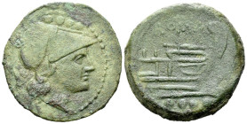 Triens Triens circa 215-212, Æ 30.70 mm., 16.82 g.
Helmeted head of Minerva r.; above, four pellets. Rev. Prow r.; above, ROMA. Below, four pellets. ...