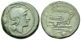 Uncia circa 215-212, Æ 21.20 mm., 6.86 g.
Head of Roma r., wearing Attic helmet; behind, pellet. Rev. ROMA Prow r.: below, pellet. Sydenham 108. Craw...