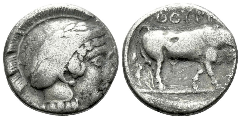 Lucania, Thurium Stater circa 443-400, AR 19.00 mm., 7.20 g.
Helmeted head of A...