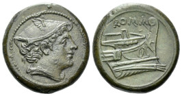 Semuncia circa 217-215, Æ 19.80 mm., 6.39 g.
Head of Mercury r., wearing winged petasus. Rev. ROMA Prow r. Sydenham 87. RBW 102. Crawford 38/7.B

A...