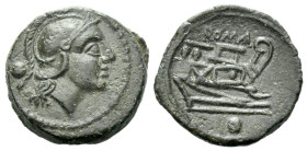 Uncia After 211, Æ 17.20 mm., 3.20 g.
Head of Roma r., wearing Attic helmet. Rev. ROMA Prow r.; below, pellet. Sydenham 143e. Crawford 56/7.

Lovel...