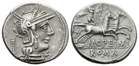 M. Opimius. Denarius circa 131, AR 18.50 mm., 3.88 g.
Helmeted head of Roma r.; below chin, * and behind, tripod. Rev. Apollo, with quiver over shoul...