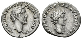 Antoninus Pius, 138-161 Denarius Rome 140, AR 17.00 mm., 3.18 g.
Bare head of Pius r. Rev. Bare head of Aurelius r. RIC 417a. BMC 155. C 15.

Very ...