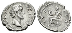 Antoninus Pius, 138-161 Denarius Rome circa 140-143, AR 19.00 mm., 3.24 g.
Bare head r. Rev. Italia, towered, seated l. on globe, holding cornucopiae...