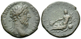 Marcus Aurelius, 161-180 As Rome 175, Æ 25.00 mm., 10.63 g.
Laureate head r. Rev. Tiber reclining l. on globe, resting hand on boat behind. RIC 1142....