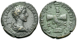 Commodus caesar, 166-177 As Rome circa 177, Æ 26.00 mm., 9.96 g.
Bare headed and draped bust r. Rev. Clasped hands holding aquila on prow; S-C across...