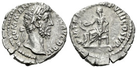 Commodus, 177-192 Denarius Rome 187-188, AR 17.00 mm., 2.88 g.
Laureate head r. Rev. Salus seated l., feeding from patera snake coiled round altar. C...