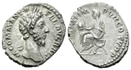 Commodus, 177-192 Denarius Rome 187, AR 19.00 mm., 2.82 g.
Laureate head r. Rev. Commodus seated l. on curule chair, holding globe in his r. hand and...