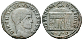 Divus Romulus Follis Ostia circa 309-312, Æ 23.00 mm., 5.94 g.
Bare head of r. Rev. Doomed shrine with open door surmounted by eagle standing front, ...