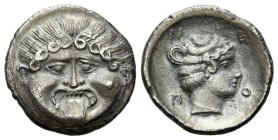 Macedonia, Neapolis Hemidrachm circa 375-350, AR 15.00 mm., 1.58 g.
Facing gorgoneion, with tongue protruding. Rev. Ν-Ε-Ο-Π Head of nymph r., all wit...