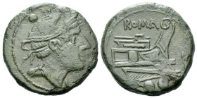 Sextans circa 215-212, Æ 25.30 mm., 10.94 g.
Head of Mercury r.; above, two pellets. Rev. ROMA Prow r.; below, two pellets. Sydenham 107. RBW 133. Cr...