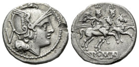 Quinarius circa 214-213, AR 15.20 mm., 2.00 g.
Helmeted head of Roma r.; behind, V. Rev. The Dioscuri galloping r.; in exergue, ROMA in linear frame....