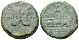 Victory series As circa 211-208, Æ 34.60 mm., 46.29 g.
Laureate head of Janus; above, mark of value. Rev. Prow r.; above, Victory with wreath and mar...