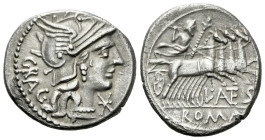 L. Antestius Gragulus. Denarius circa 136, AR 19.70 mm., 3.91 g.
Helmeted head of Roma r.; below chin, * and behind, GRAG. Rev. Jupiter in fast quadr...