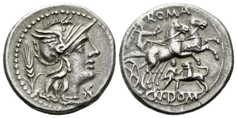 Cn. Domitius Calvinus. Denarius circa 128, AR 19.10 mm., 3.84 g.
Helmeted head ...