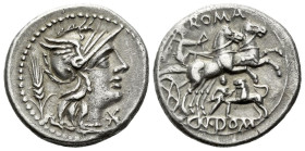 Cn. Domitius Calvinus. Denarius circa 128, AR 19.10 mm., 3.84 g.
Helmeted head of Roma r.; below chin, * and behind, stalk of corn. Rev. Victory in p...