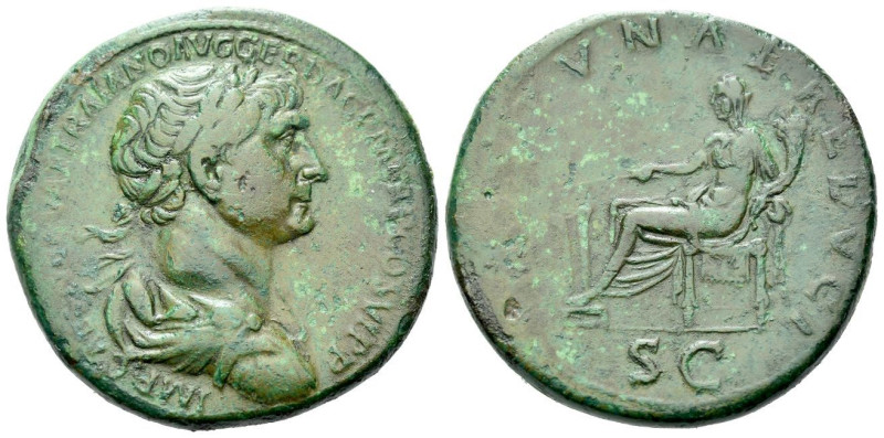 Trajan, 98-117 Sestertius Rome 1124-114, Æ 33.00 mm., 25.16 g.
Laureate, draped...