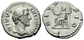 Divus A. Pius Denarius Rome After 161, AR 17.00 mm., 3.13 g.
Bare head r. Rev. Divus Antoninus Pius seated l., holding branch and scepter. C 352. RIC...