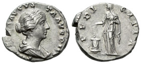 Faustina junior, daughter of Antoninus Pius and wife of Marcus Aurelius Denarius Rome circa 147-150, AR 15.00 mm., 3.49 g.
Draped bust r. Rev. Pudici...