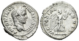 Caracalla, 198-217 Denarius Rome circa 210-211, AR 18.00 mm., 3.23 g.
Laureate and bearded head r. Rev. VICTORIAE BRIT Victory advancing r., holding ...