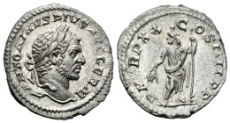 Caracalla, 198-217 Denarius Rome circa 217, AR 19.00 mm., 3.54 g.
Laureate and bearded head r. Rev. Serapis, wearing polos on head, standing l., hold...