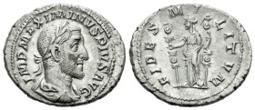 Maximinus, 235-238. Denarius Rome 235-238, AR 20.00 mm., 3.46 g.
Laureate, draped and cuirassed bust r. Rev. Fides standing l., holding military stan...