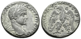 Elagabalus, 218-222 Tetradrachm Emesa (?) circa 219, AR 25.00 mm., 13.41 g.
Laureate bust r. with drapery on l. shoulder. Rev. Eagle standing facing,...