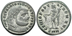 Diocletian, 284-305 Follis Nicomedia circa 294-295, Æ 27.00 mm., 9.96 g.
Laureate head r. Rev. Genius, nude but for chlamys over his l. shoulder, sta...