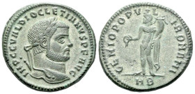 Diocletian, 284-305 Follis Heraclea circa 294, Æ 26.00 mm., 10.42 g.
Laureate head r. Rev. Genius standing l., holding patera and cornucopiae; in exe...