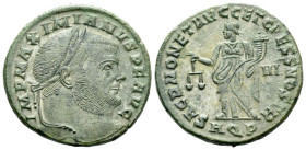 Maximianus Herculius, first reign 286-305 Follis Aquileia 301, Æ 26.00 mm., 8.80 g.
Laureate head r. Rev. Moneta standing l., holding scales and corn...