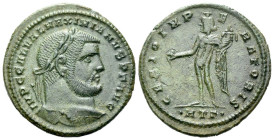 Galerius Maximianus, 305-311 Follis Heraclea 308-309, Æ 26.00 mm., 5.77 g.
Laureate head r. Rev. Genius standing l., holding patera and cornucopia; •...