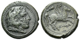 Double bronze circa 230-226, Æ 20.60 mm., 6.74 g.
Head of Hercules r., wearing lion’s skin. Rev. Pegasus r.; above, club and below, ROMA. Sydenham 7....