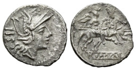 Anonymous Sestertius circa 214-213, AR 14.00 mm., 0.98 g.
Helmeted head of Roma r.; behind, IIS. Rev. The Dioscuri galloping r.; below, ROMA in linea...