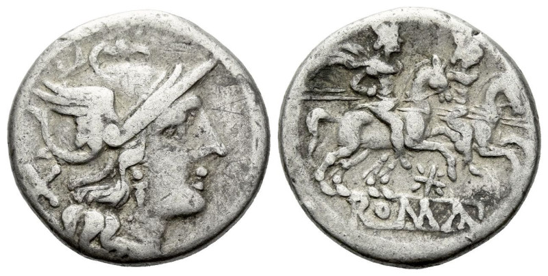 Star (first) series Denarius irca 206-195, AR 18.20 mm., 3.89 g.
Helmeted head ...