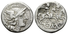 Star (first) series Denarius irca 206-195, AR 18.20 mm., 3.89 g.
Helmeted head of Roma r.; behind, X. Rev. The Dioscuri galloping r.; below, eight-ra...