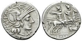 C. Antesti. Denarius circa 146, AR 19.20 mm., 3.53 g.
Helmeted head of Roma r.; behind, C·ANTESTI upwards and below chin, X. Rev. The Dioscuri gallop...