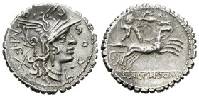 L. Licinius Crassus, Cn. Domitius Ahenobarbus and associates. Denarius serratus circa 118,, AR 19.50 mm., 3.82 g.
L·COSCO·M·F Helmeted head of Roma r...