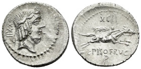 L. Piso Frugi. Denarius circa 90, AR 20.00 mm., 4.00 g.
Laureate head of Apollo r.; behind, fraction sign and before, P. Rev. Horseman galloping r., ...