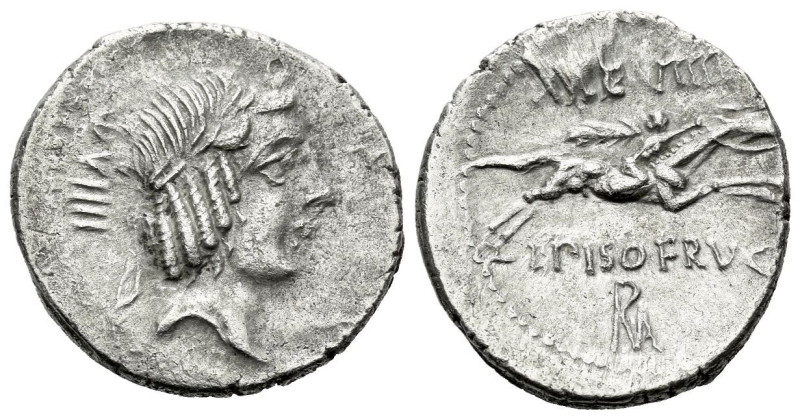 L. Piso Frugi. Denarius circa 90, AR 19.50 mm., 3.80 g.
Laureate head of Apollo...